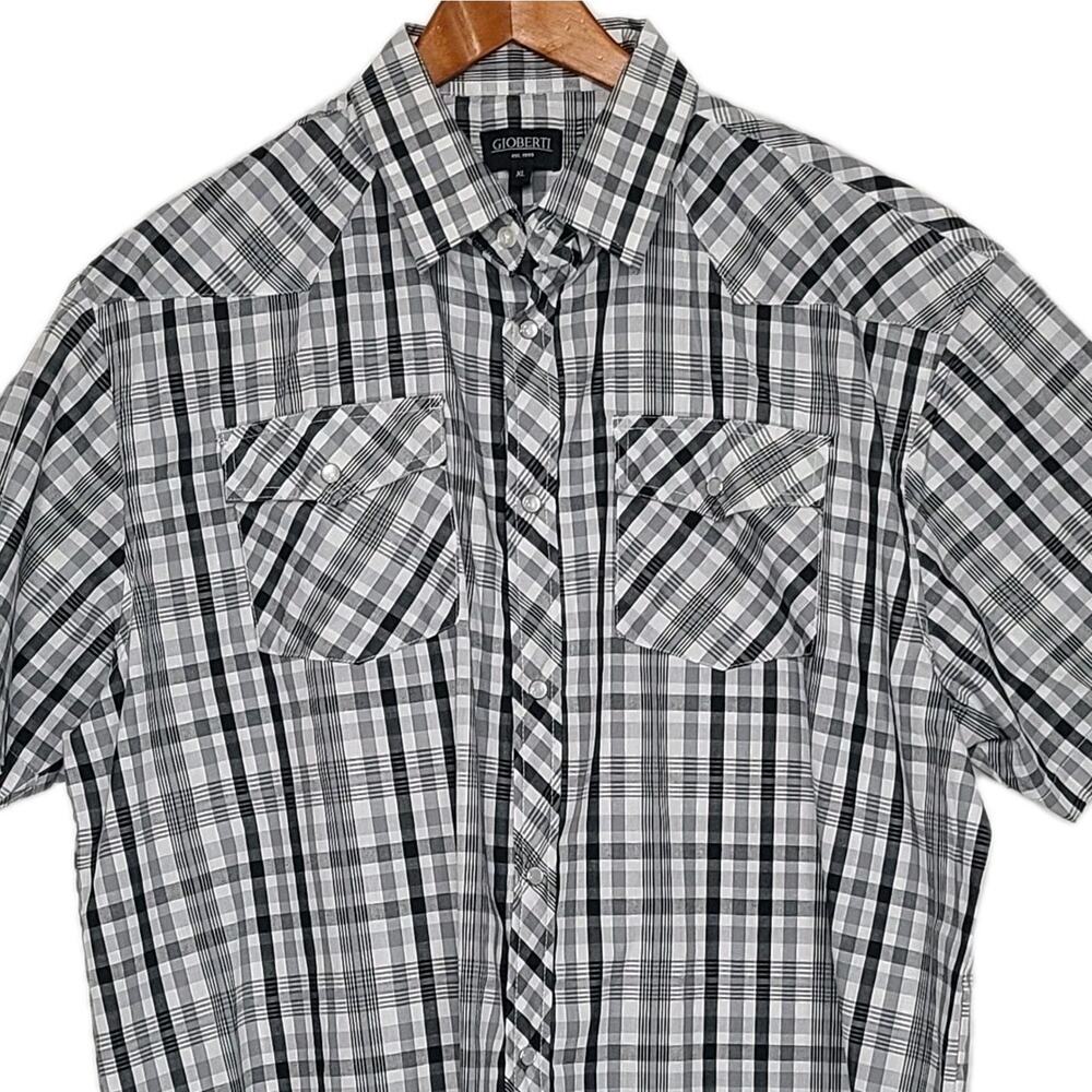 Gioberti Men's Short Sleeve Pearl Snap Shirt Black‎ Gray White Plaid XL
